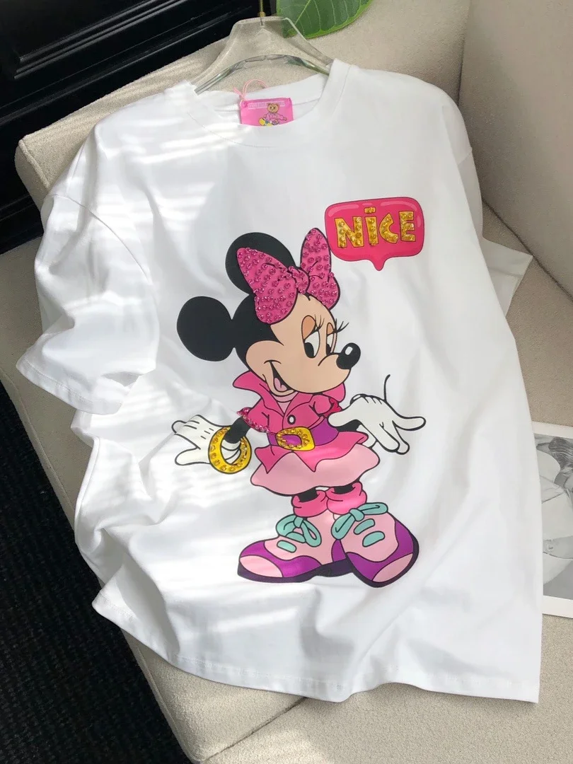 2025 Spring Summer New Korean Casual Versatile Heavy Industry Diamond-encrusted Cartoon Printing Loose Short-sleeved T-shirt