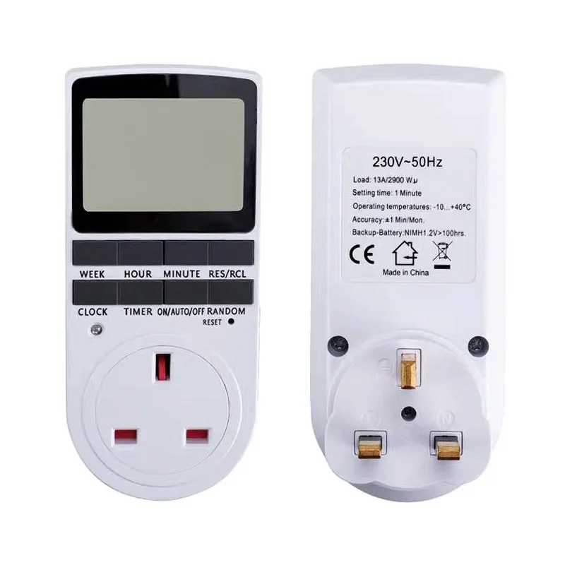 UK 3‑Pin Programmable Digital Timer Socket Portable Auto Power‑off Time Control Plug‑in Adapter
