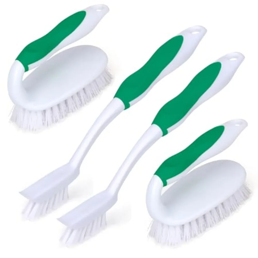 Scrub Brush Set, 4 Pack Deep Cleaning Brush Kit - 2 Scrub Brush, 2 Tile and Grout Brush with Built-in Scraper, Household Commer
