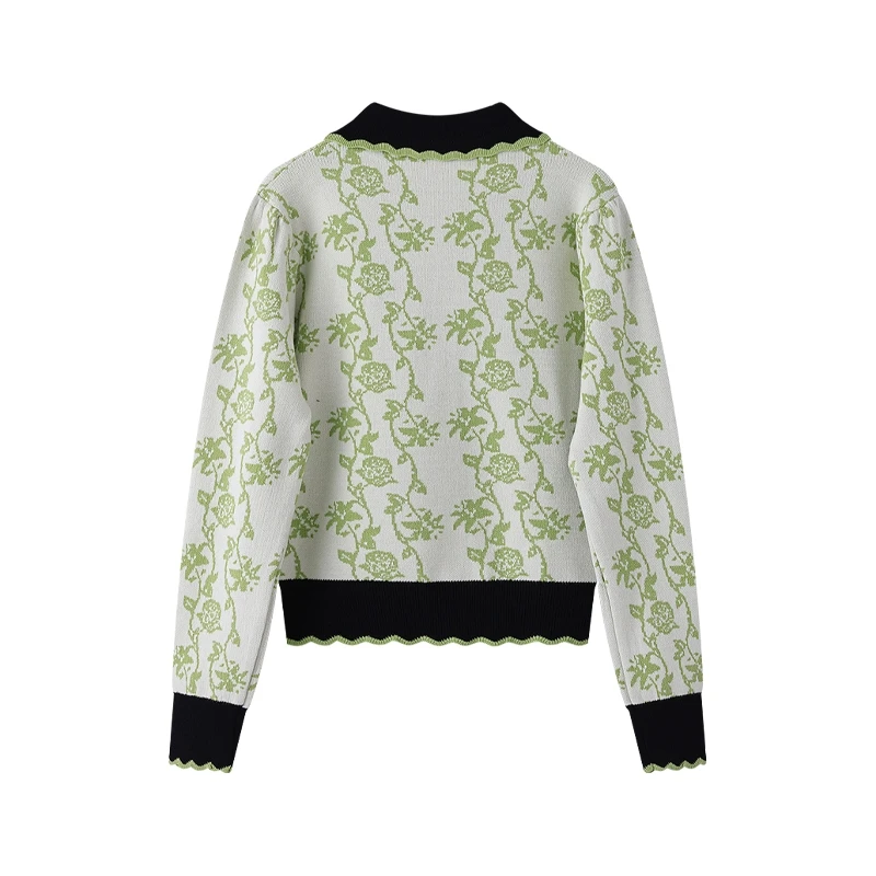 Autumn Winter New Green Jacquard Tooth Edge Lapel Knit Pullover Women's Vintage French Fashion Contrast Sweater Top