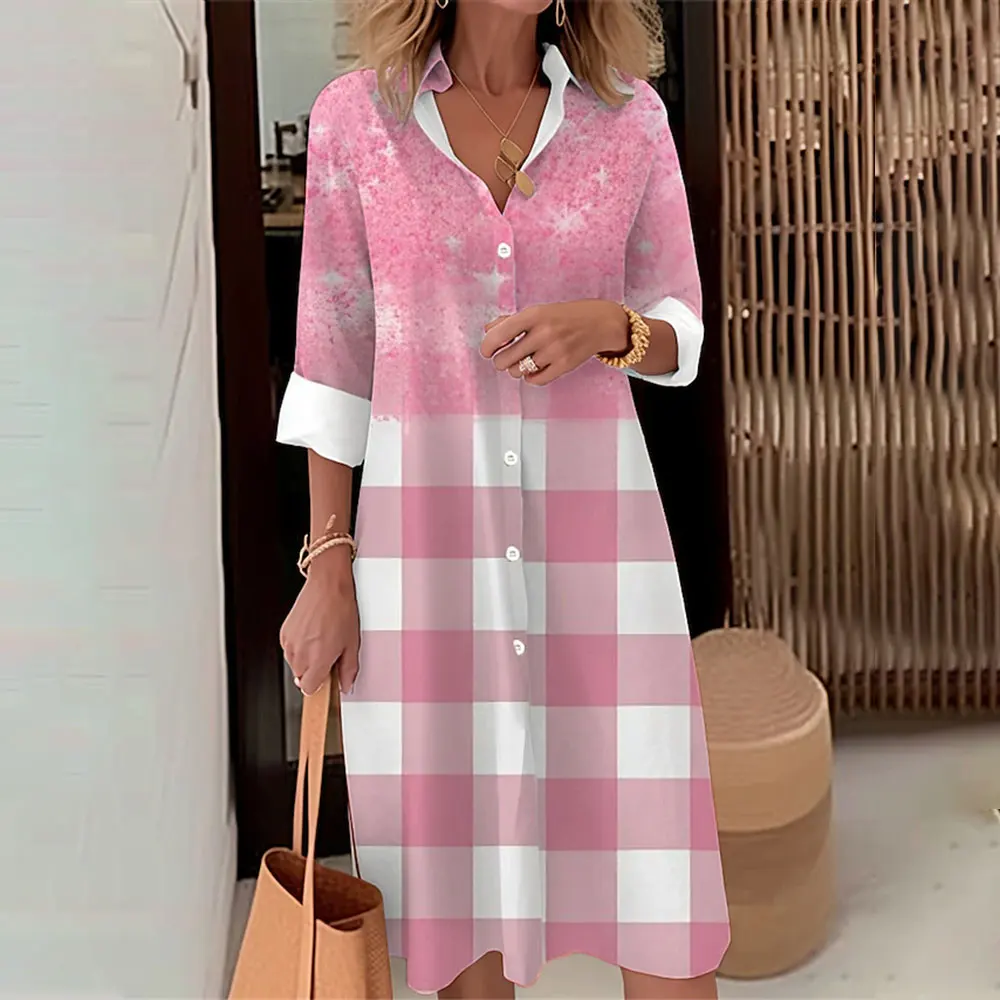 Women\'s Mid-Length Single-Breasted Shirt Dresses Fashion Green Printed Button-Up Dress Summer Lapel Button Skirts Spring Autumn