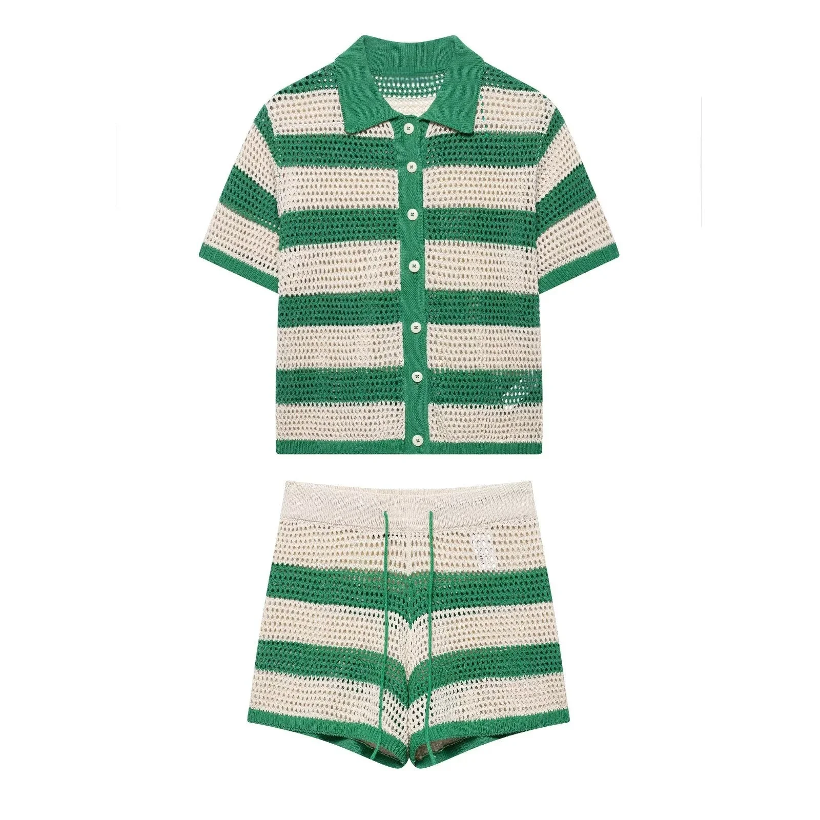 

UNIZERA2025 New Women's Casual Fashion Striped Single-breasted Short Knitted POLO Shirt Top With Drawstring Shorts