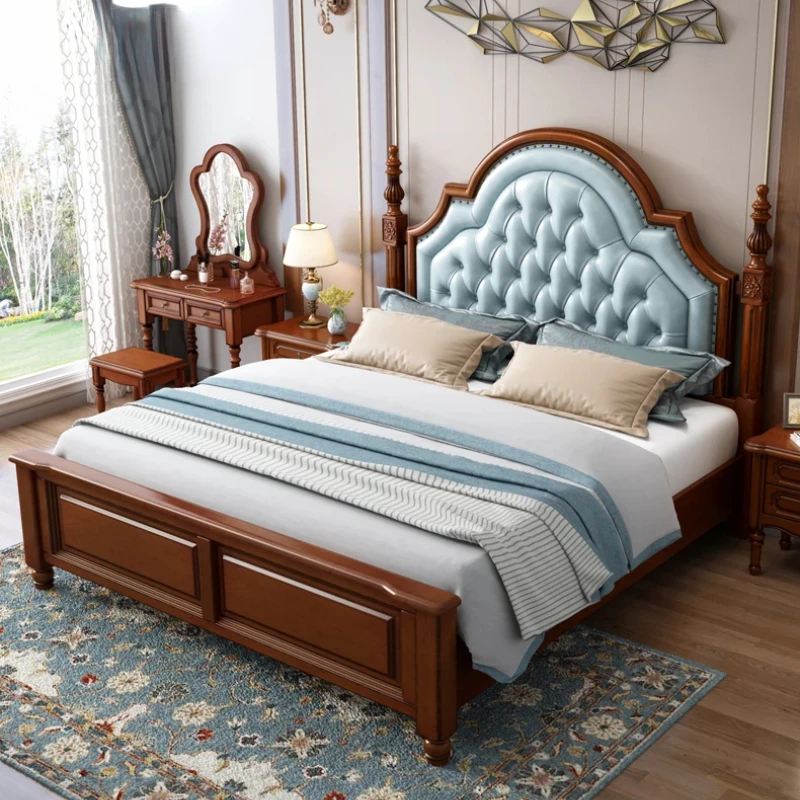 

American Style Solid Wood Double Bed 1.8m Soft Leather Bed High Box Storage Bedroom Luxury Lit 2 Personnes Customizable