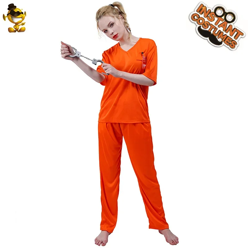 Prisoner Costume Women Halloween Cosplay Anime Shirt Pants Handcuff Party Stage Performance Wear 2024 Adult Dress Up Suit