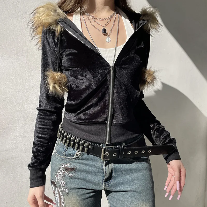 Vintage Faux Feathers Hooded Cardigan Black Cute Furry Ball Decorate Hooded Jackets Autumn Velvet Thin Coats Streetwear