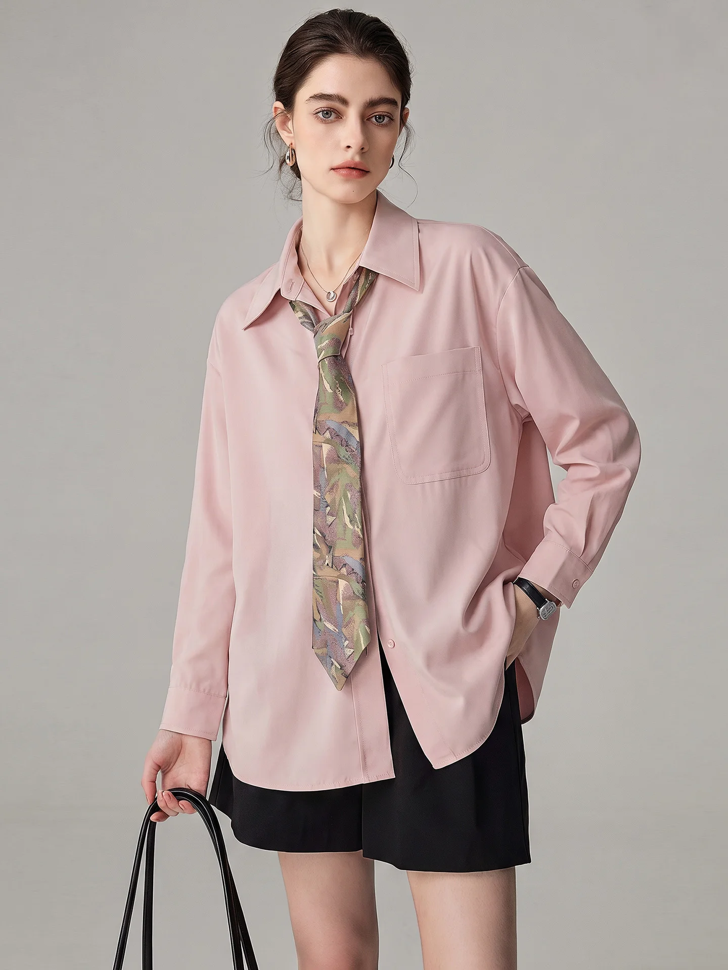 Yake Home Spring Autumn Casual Pink Shirt Women's Loose Slimming Drapey Anti-Wrinkle Versatile Blouse Comfortable Breathable