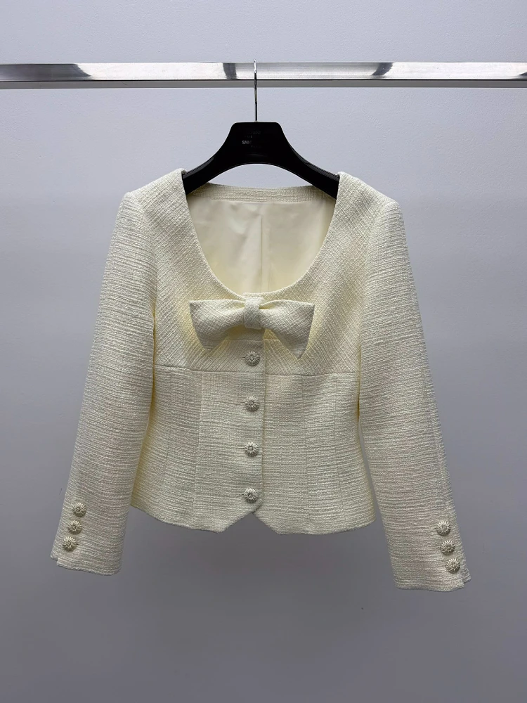 

2026 spring fashion women luxury bow tweed jacket coat with mini a-line skirt sets suits for female
