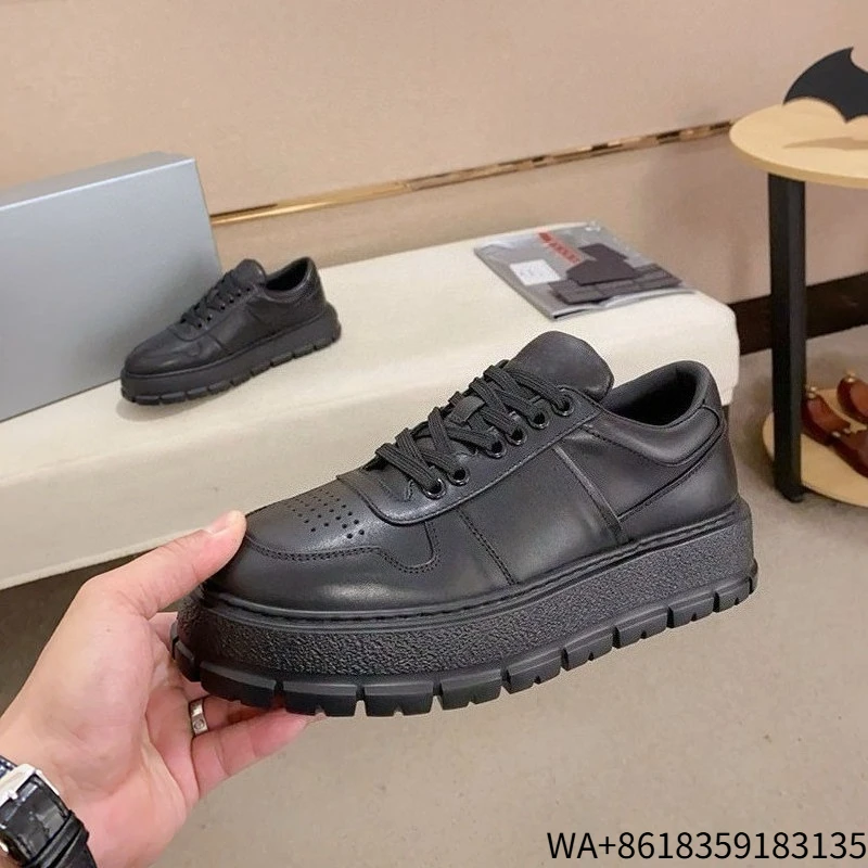 2026 New Men's Genuine Leather White Board Shoes Chunky Sole Casual Sneakers Low Top Lace Up Cool Minimalist Fashion Footwear
