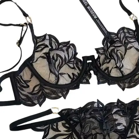 

KUCLUTlingeriemesh sexy ultra-thin embroidery bras soft steel ring large breasts show small underwear set of ladies bra panty su