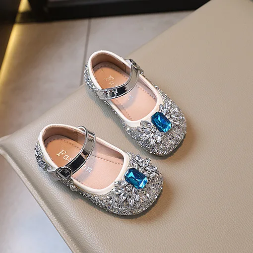 Girls' Princess Shoes 2024 Spring and Autumn New Rhinestones Fashion Bow Girl Baby Glass Shoes Soft Sole Single Shoes