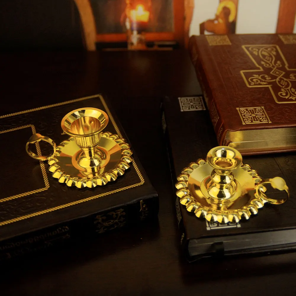Gold Handheld Candlestick Scalloped Drip Tray Portable Single Candle Stand Orthodox Liturgical Ritual Accessory Baptism Souvenir
