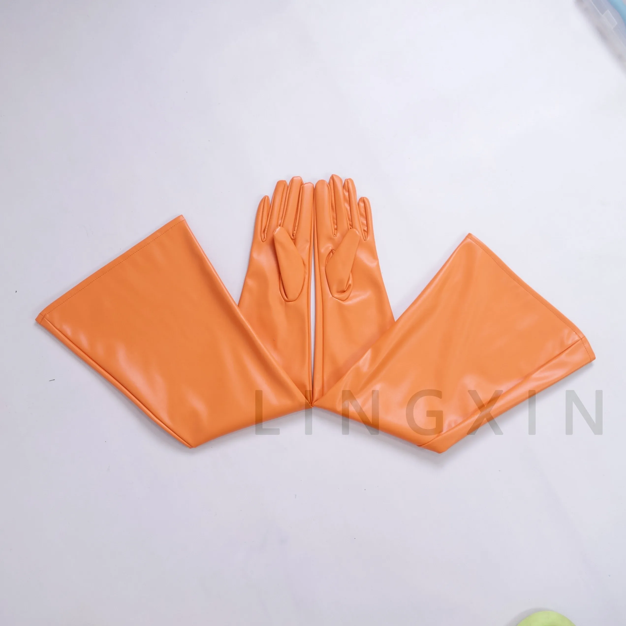 28" 70cm LANGE MODEHANDSCHUHE Unisex Kunstleder Abendhandschuhe Orange Glänzend Schwarz Große Damen-Armstulpen Manschetten Sexy Accessoire – Detail 8