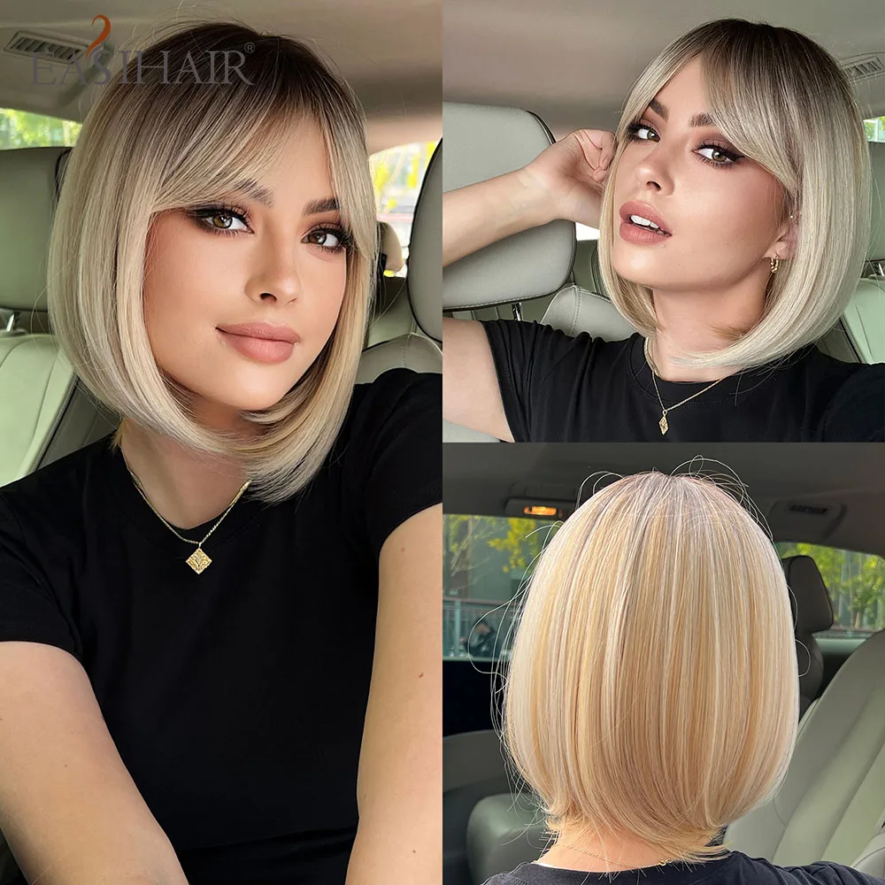 

EASIHAIR Short Blonde Straight Bob Synthetic Wig with Bangs Ombre Natural Hair Wig for Women Daily Cosplay Wig Heat Resistant