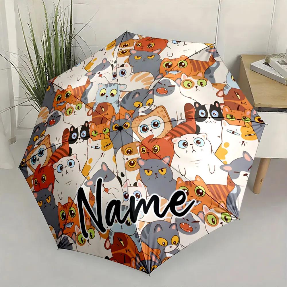 Custom Name Umbrella Colorful Cats Adorn the Umbrella Design Print 8 Iron Ribs Folding Umbrella Auto-Open Fashion Sunshade