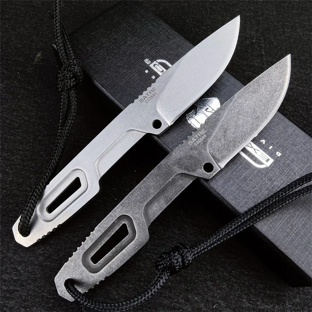 Coltello dritto piccolo da campeggio all'aperto D2 Lama fissa Manico in acciaio lavato con pietra con coltello tattico da caccia con fodero K Strumento di salvataggio