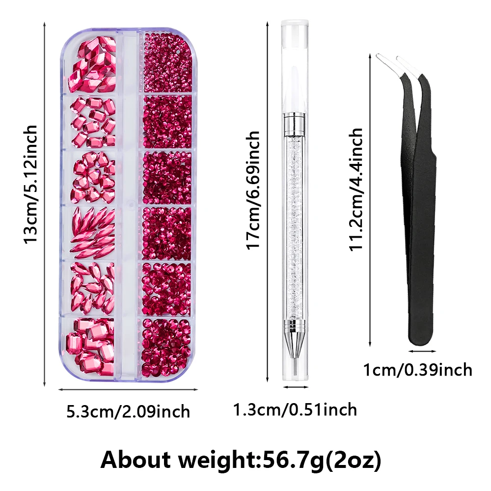 12 グリッド 3D クリスタルピンクガラスネイルアートラインストーンキットミックスヒラタラインストーン宝石ダイヤモンド宝石ビーズワックスペンシルピンセット付き