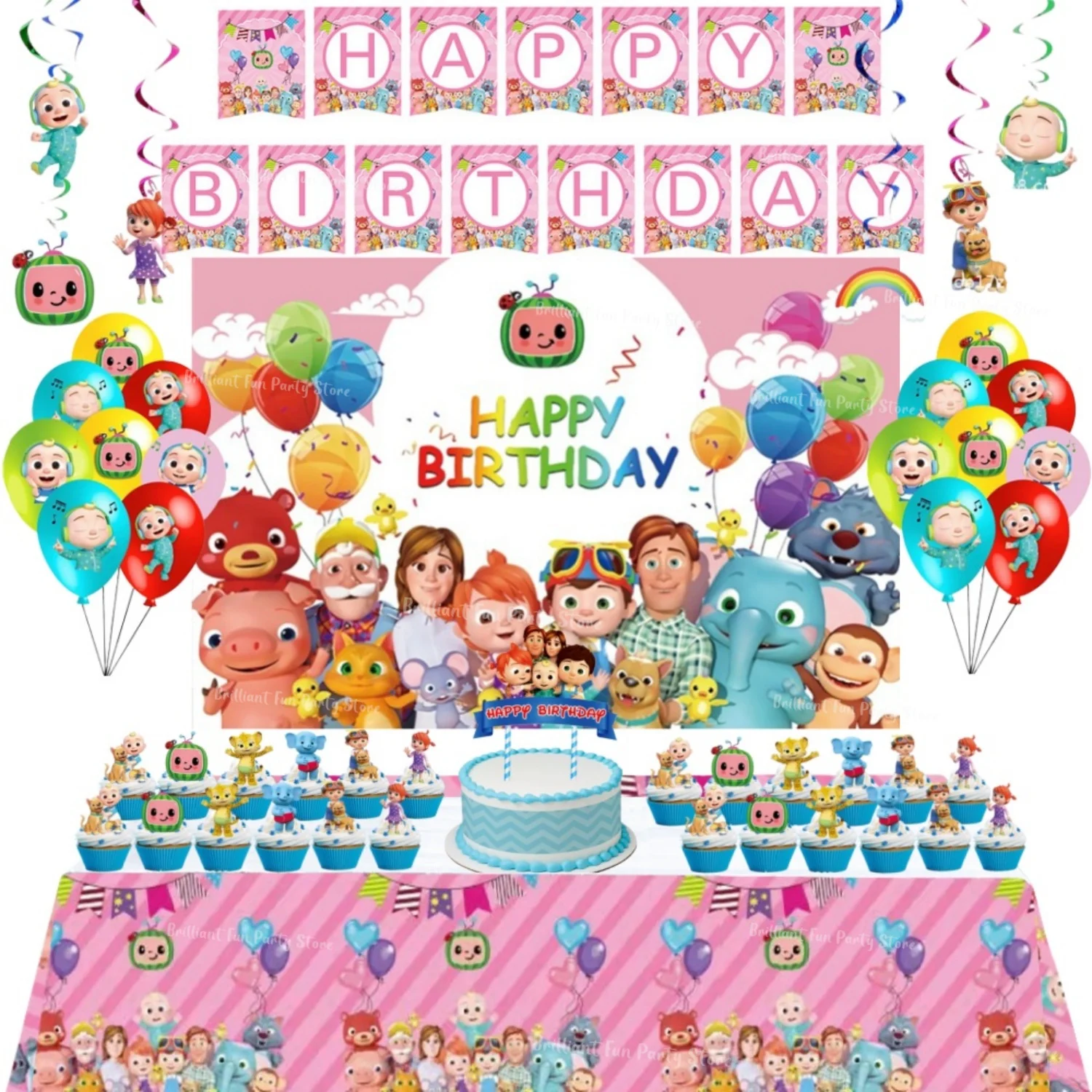 Set de Decoración de Cumpleaños JJ Melon, Incluye Pancarta, Globo, Adorno para Pastel, Fondo, Espirales Colgantes y Mantel para Fiestas Infantiles