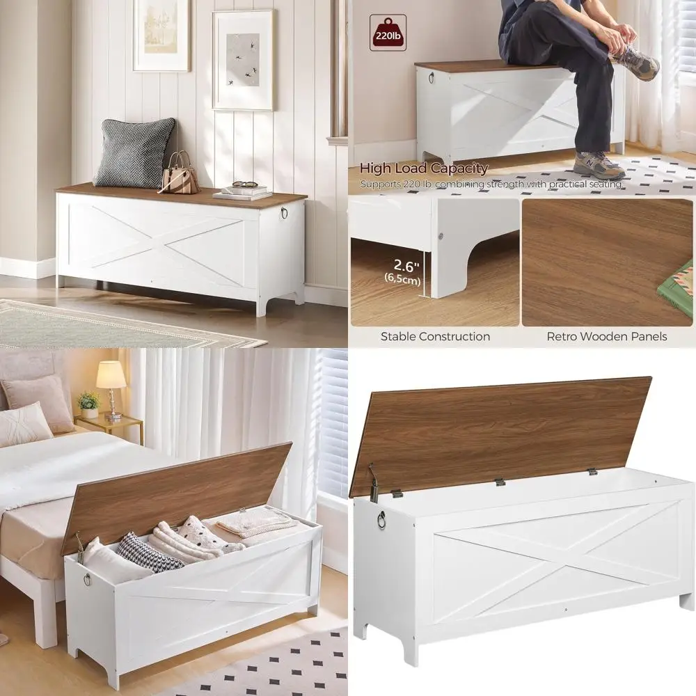 

Sturdy Wooden-Style Toy Chest with Safety Hinge, Vintage Design Storage Box for Living Room or Bedroom, White and Walnut SCBZ488