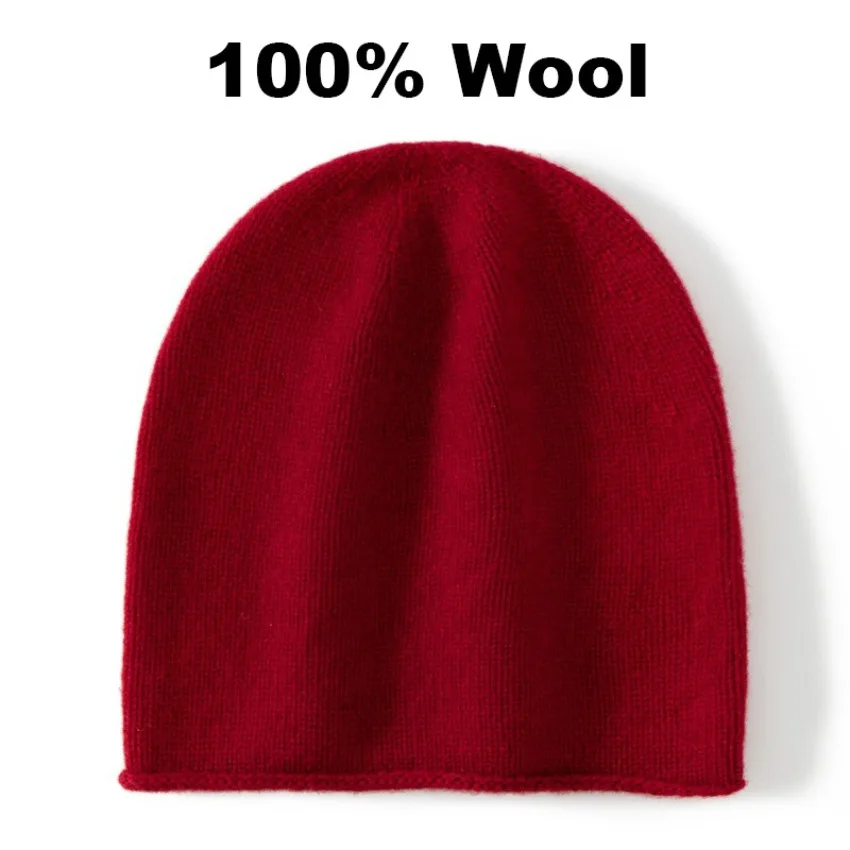 

100% wool beanies for women autumn winter hats knitted solid color elegant high end winter caps hooded hat