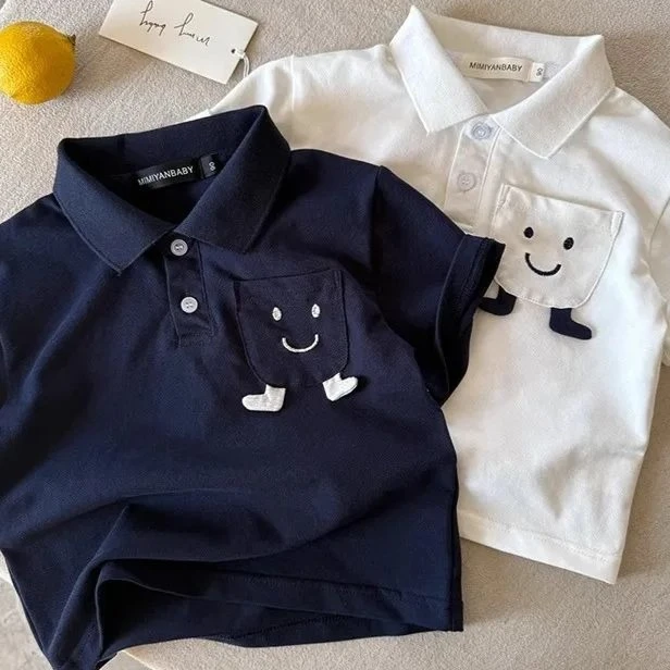 T-shirt 2026 Spring/summer New Childrens Wear Boys and Girls Three-dimensional Pocket Embroidered Lapel Short-sleeved T-shirt