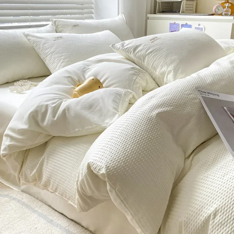 

Washed Bubble Cotton Solid Soft Bedding Sets Simple Breathable Bedsheet Bedclothes for Adults 4Pcs Ab Double Edition Bed Linens