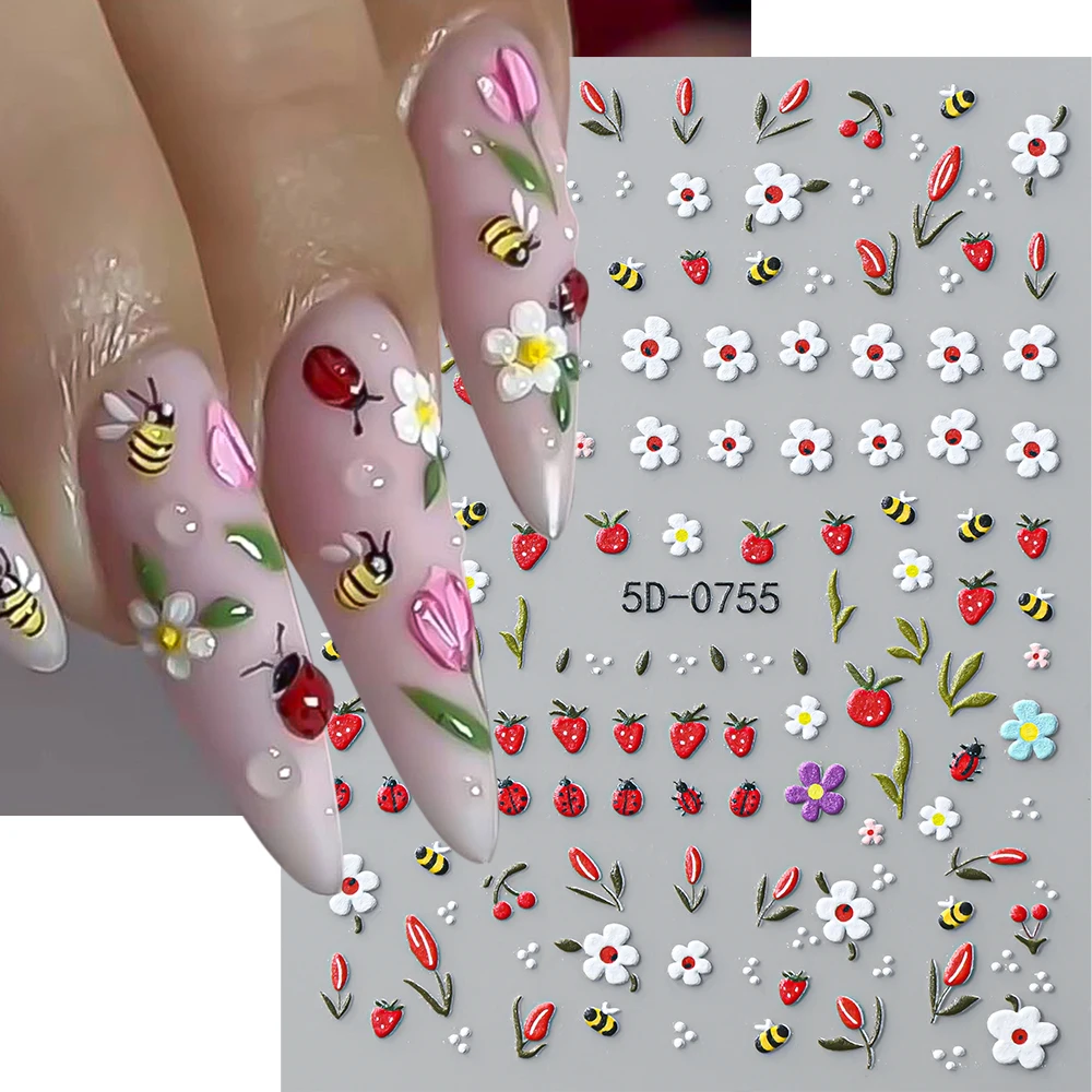 1Pcs 5D Embossed Cute Ladybug Bee Strawberry Nail Stickers Fresh Colorful Daisy Flower Nail Art Decals Summer DIY Nail Supplies