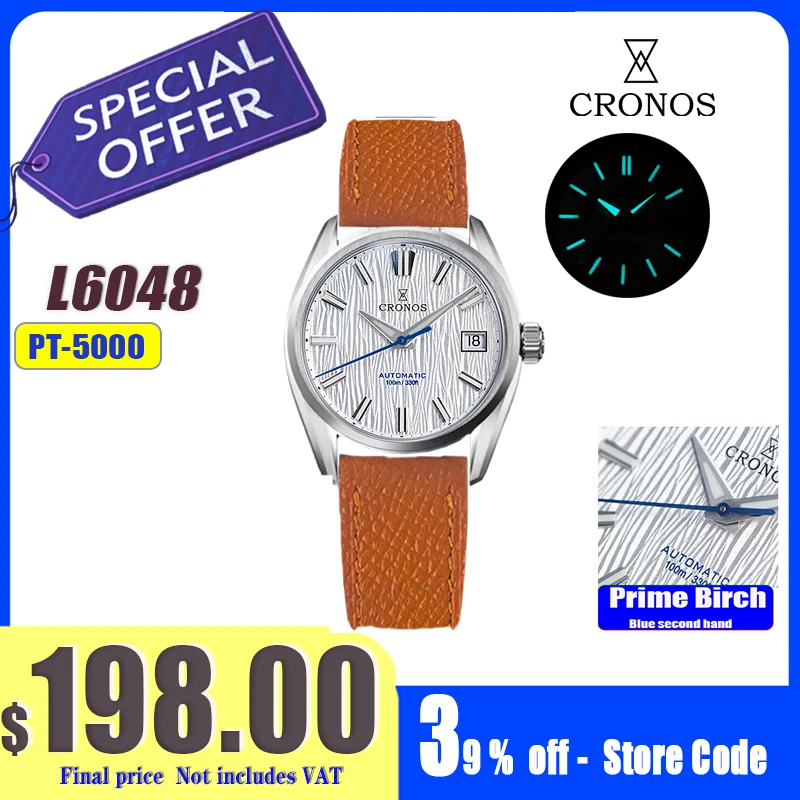 

CCronos Мужские часы 36 мм Автоматические PT5000 Miyota 9015 Наручные часы с механизмом Белый циферблат Березовый узор Сапфир 10 ATM L6049M