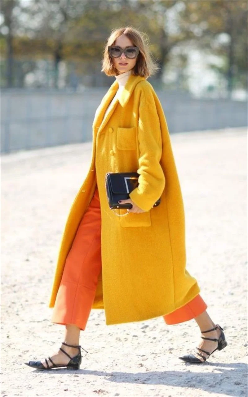 Yellow Long Woolen Women Suit Blazer Overcoat 1Pcs Witner Thick Jacket Custom Made Cashmere Casual Fashion Prom Dress Outfit