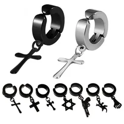 WKOUD Men Clip Earrings Hiphop Fashion Rock Style Hypoallergenic Cross Shaped Titanium Steel Ear Clip Earrings Accessories