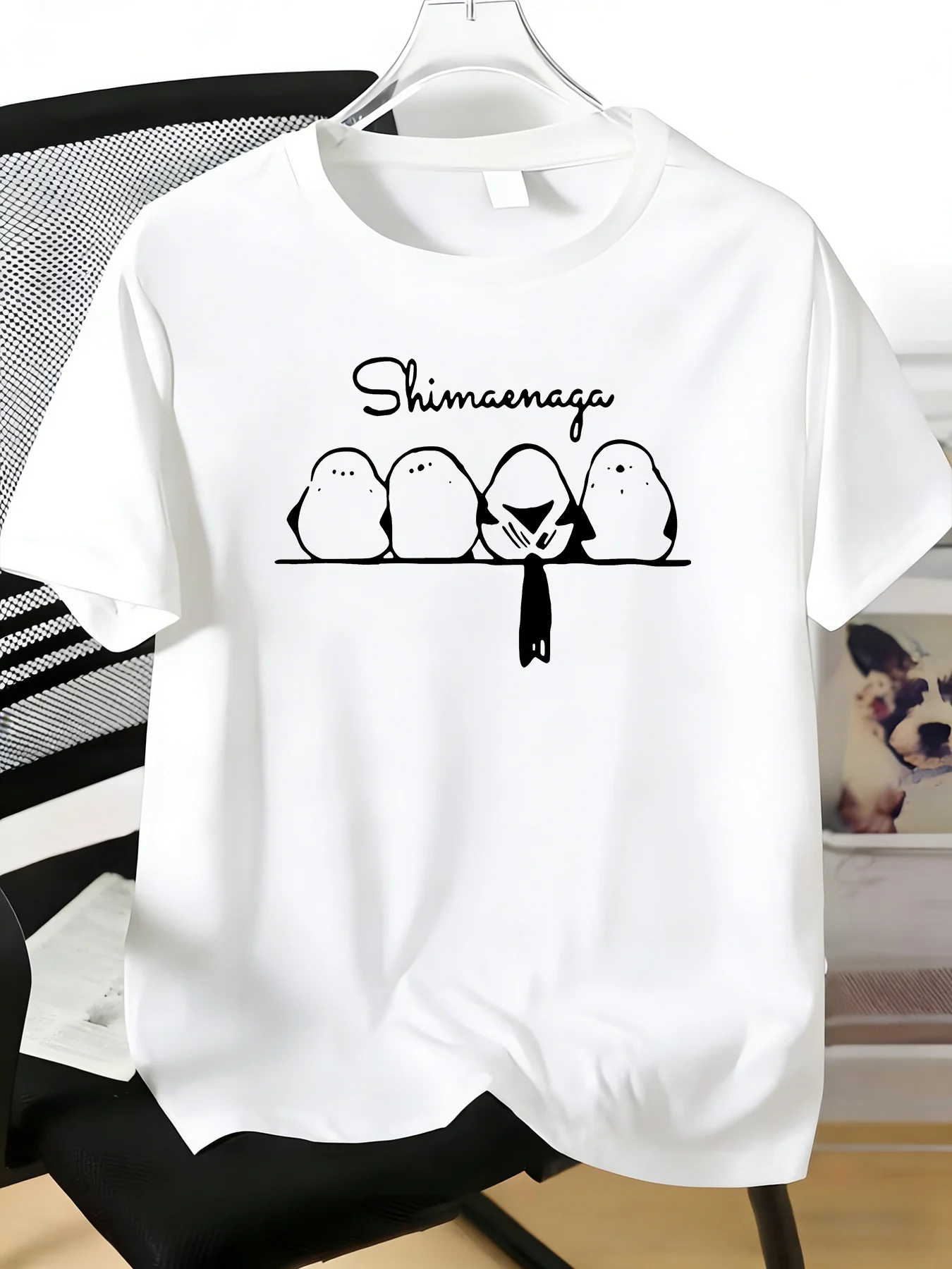 Male Royal Blue Crew Neck Tee Cute Shimaenaga Bird Print Soft Light Short Sleeve Summer Casual Top For Japanese Wildlife Fans