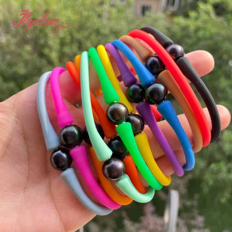 10mm Round Black Freshwater Pearl Multicolor Silicone Sports Casual Waterproof Power Jewelry Women Men Necklace Bracelet  1 Set