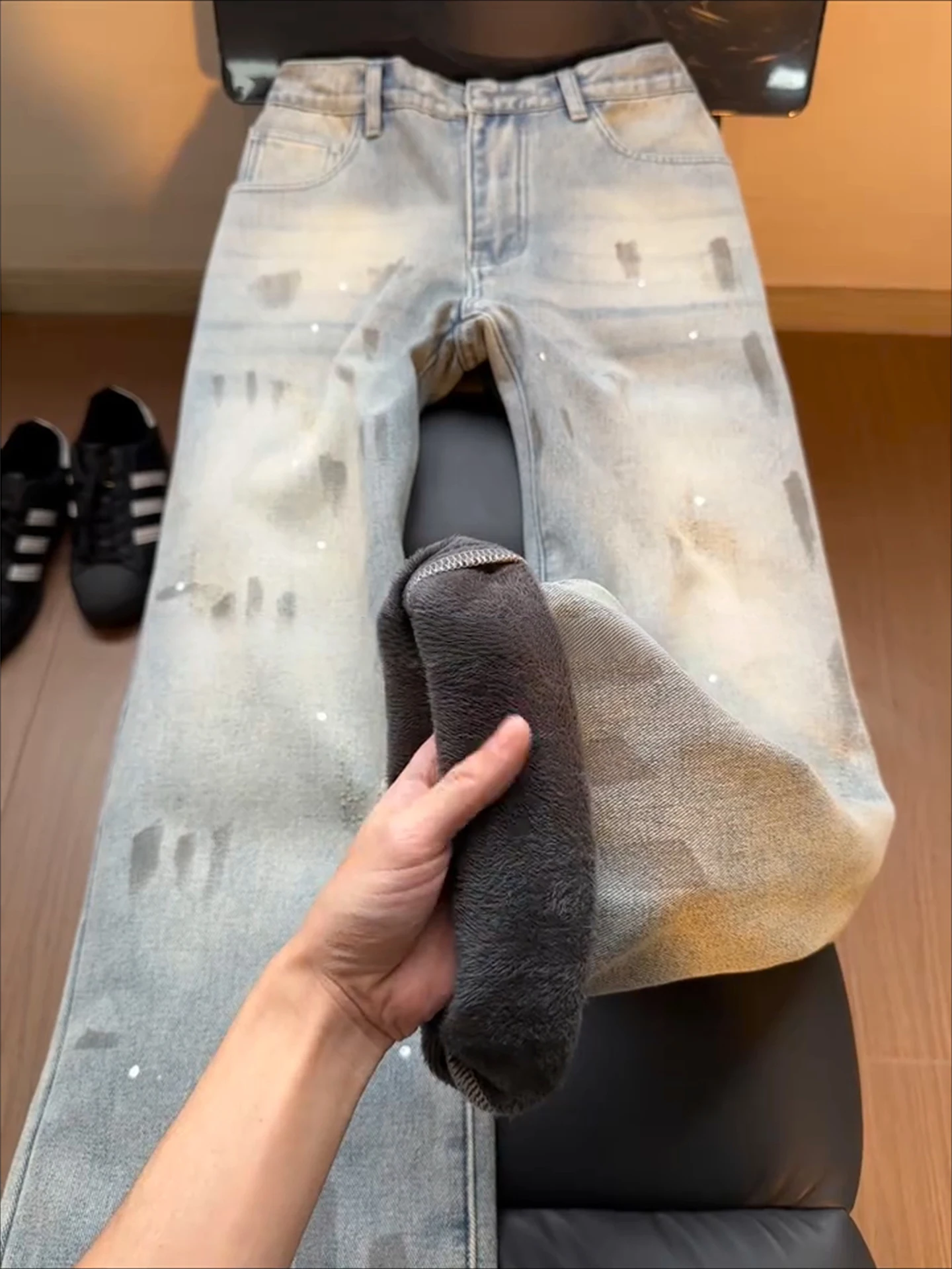 

Мужские джинсы с флисовой подкладкой, прямые, зауженные, расклешенные, повседневные, в стиле High Street, осенне-зимние, в американском стиле