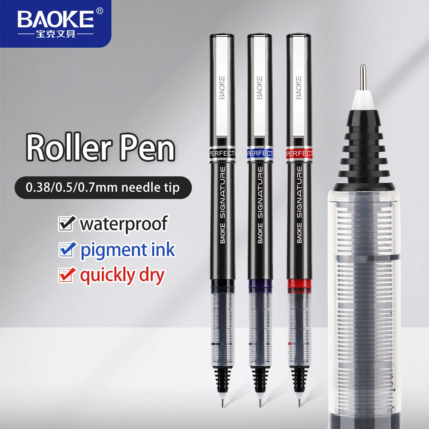 BAOKE Quick Dry Liquid Ink Roller Pens, 0.38mm/0.5mm/0.7mm Fine Point, Black/Red/Blue Color, for Office School