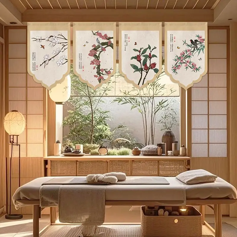 VIKAMA Floral Bird Triangular Curtain Magnolia Peach Camellia Butterfly Chinese Ink Painting Kitchen Window Valance Decor Boho