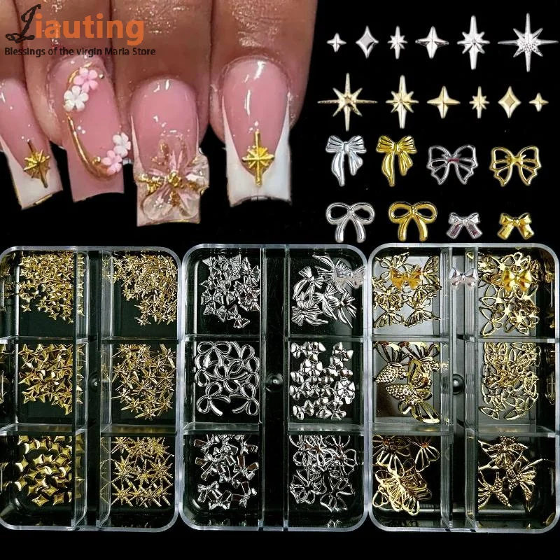 6Grids 3D Metal Stars Bowknot Butterfly Nail Art Charms Gold/Silver Starlight Rivets Nails Decorations Manicure Sequins Accessor