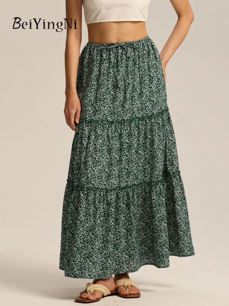 

Beiyingni Summer Casual Women Skirt Floral Printed Vintage Fashion Holiday Long A-line Skirts Female Pockets Drawstring Faldas