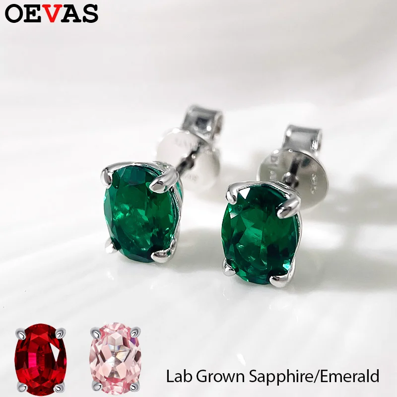 

OEVAS Oval 7x9mm 4cttw Lab Grown Sapphire/Zambian Emerald Earrings 100% S925 Sterling Silver For Women Party Fine Jewelry Gift