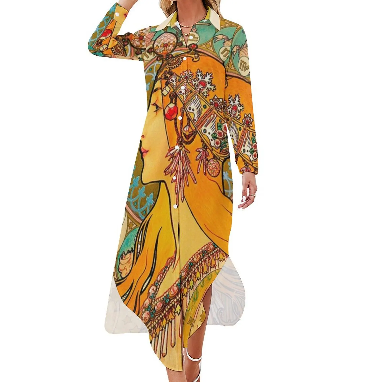 Zodiac, (1896) - Alphonse Mucha. HIGH DEFINITION Long Sleeved Shirt Dress Women's clothing sexy dress