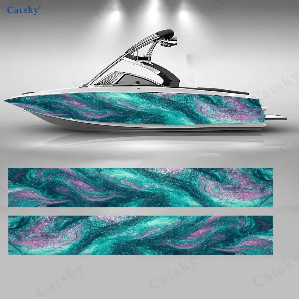 2Pcs Boat Vinyl Graphic Sticker, Iridescent Fluid Turquoise Purple Pattern, Vibrant Waterproof Material, Suitable for Boat