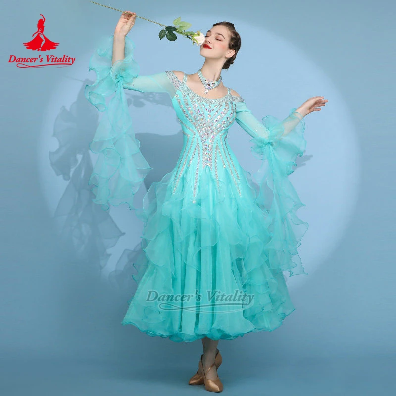 

Women Lake Blue Dew Shoulder Social Dance Dress with Necklace Size Can Be Customize Women Waltz Contest Attire Dancer's Vitality