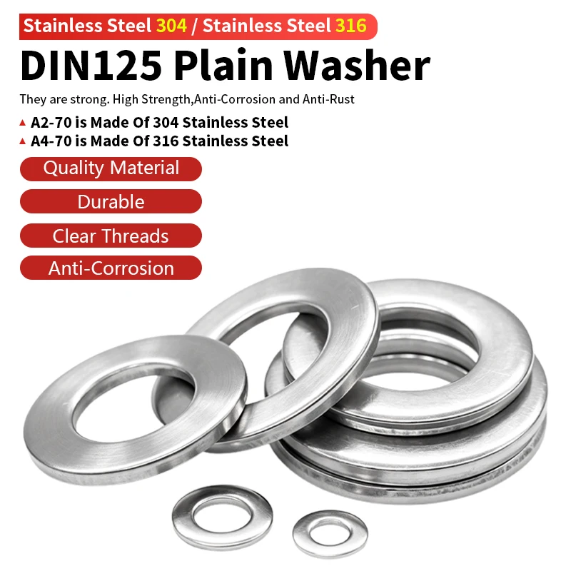 DIN125 Flat Plain Gasket Washers 304 316 Stainless Steel For Bolts And Screws M2 M2.5M3M4M5M6M8M10M12M14M16M18M20M22M24M22M27M30