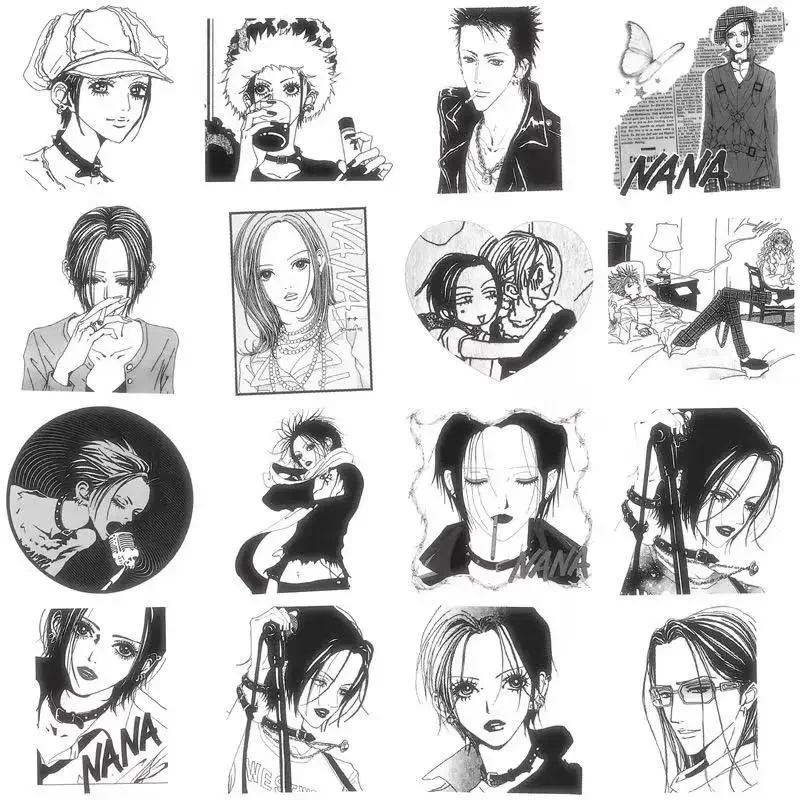 64PCS Anime NANA Black White Stickers Cool Graffiti Decals DIY Decoration For Phone Laptop Stationery PVC Waterproof Toys Gift