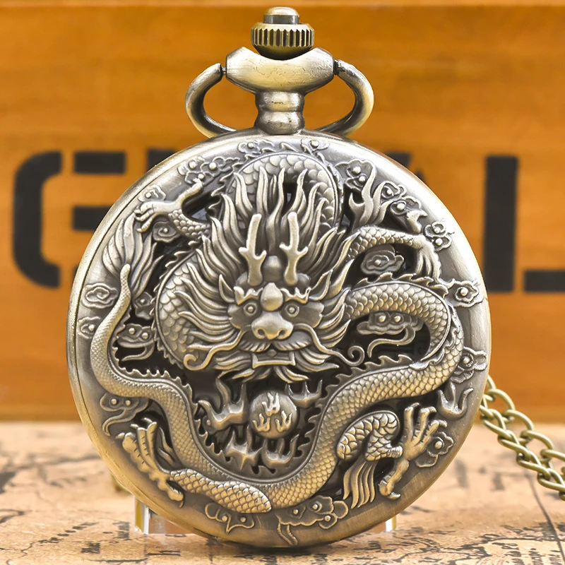 Vintage Bronze Steampunk Oriental Dragon Carved Quartz Pocket Watch Necklace Pendant Clock Chain Men Women Chain Gift