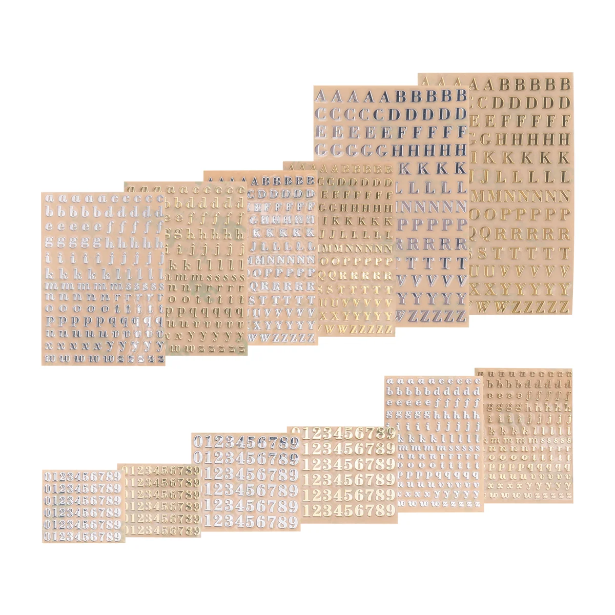 정성적 12 시트 문자 수지 스티커, 작은 알파벳 숫자 스티커, 합금, 자체 접착, 금색 및 은색, 3mm/4.5mm Ta