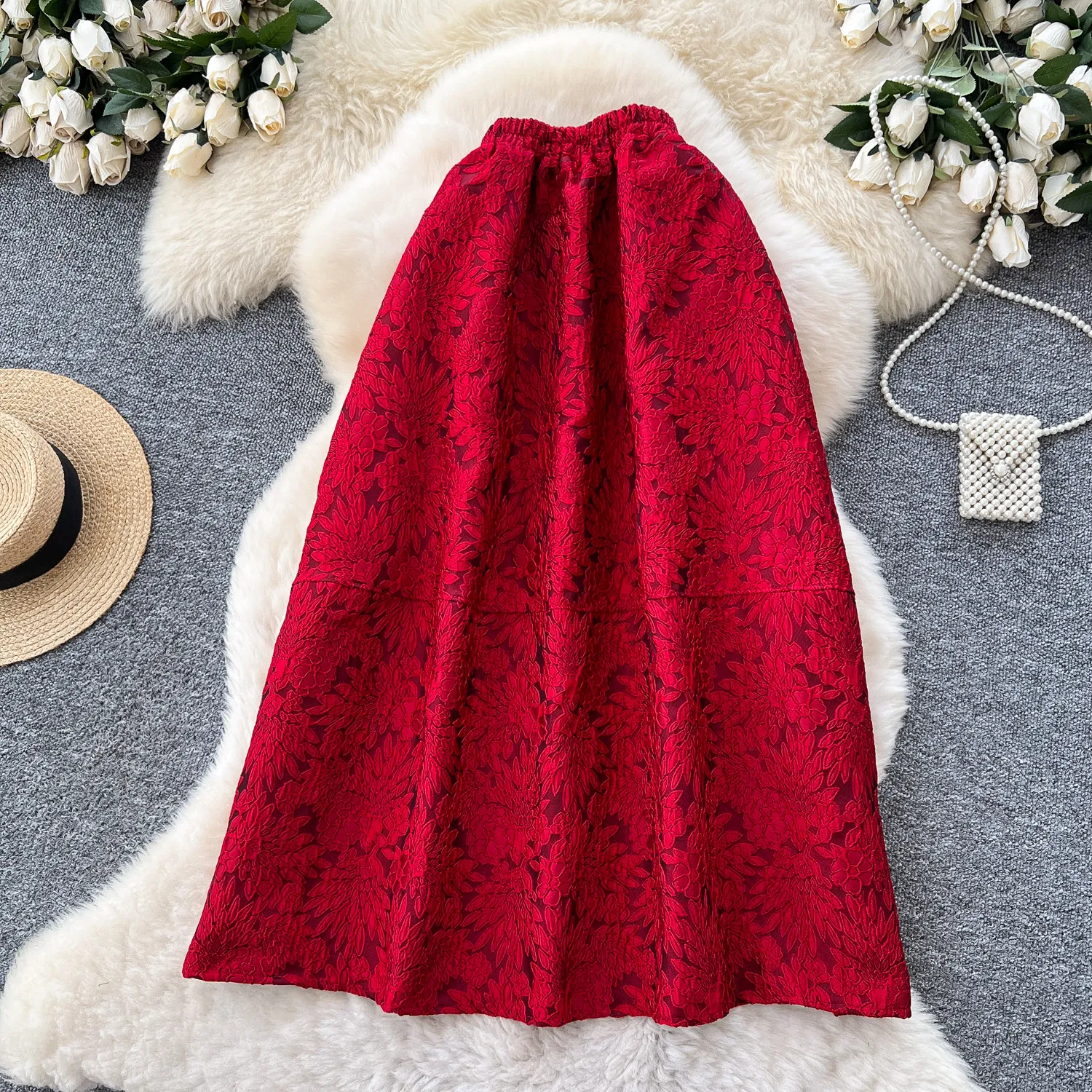 Clothland Women Chic Floral Midi Skirt A Line Elastic Waist Red Black White Basic Female Casual Long Skirts BA441