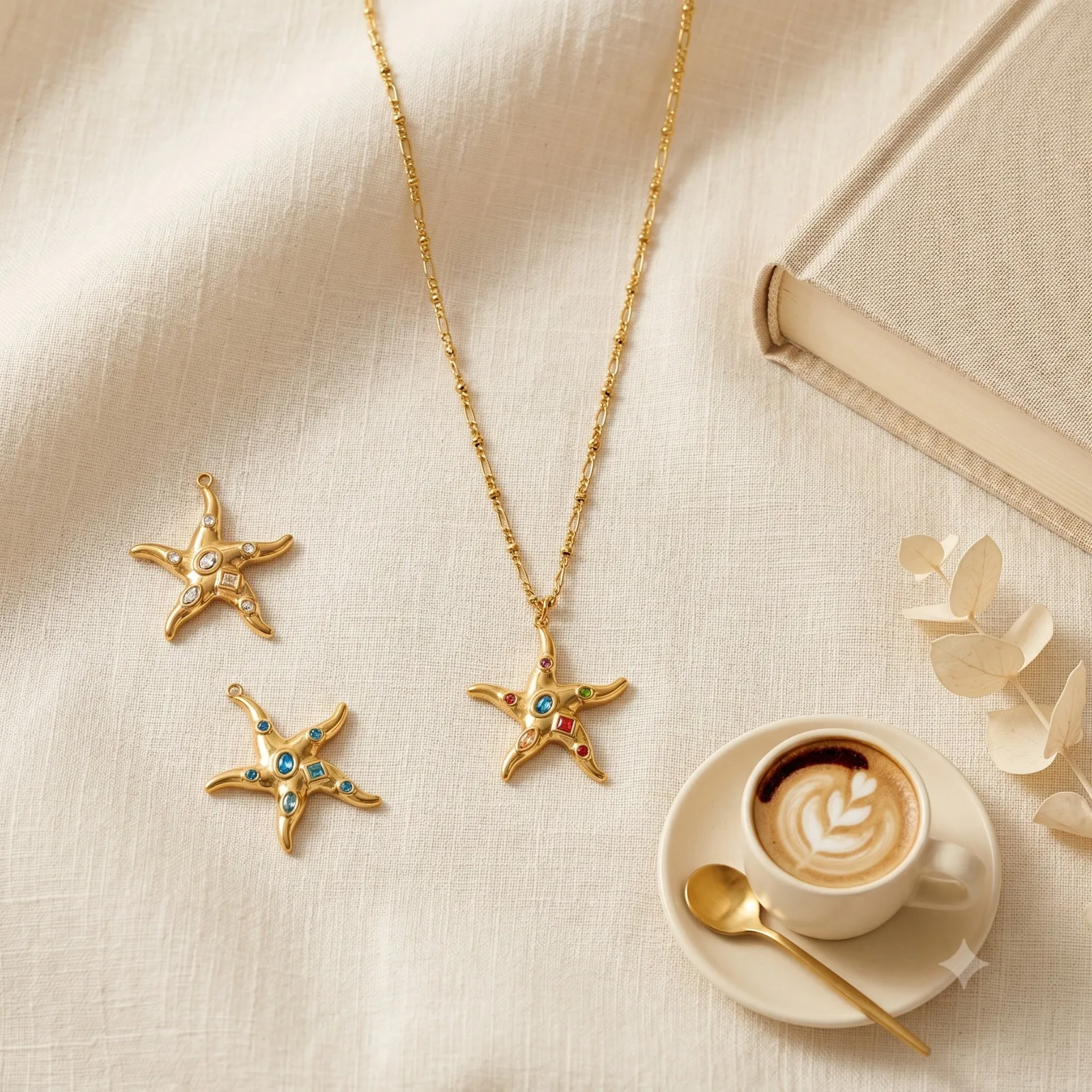 2 Stück wasserdichter Ozean-Schmuck aus 304 Edelstahl und Strass, 18 Karat vergoldete Seestern-Anhänger für die DIY-Herstellung, 3,2 cm x 2,8 cm – Detail 4