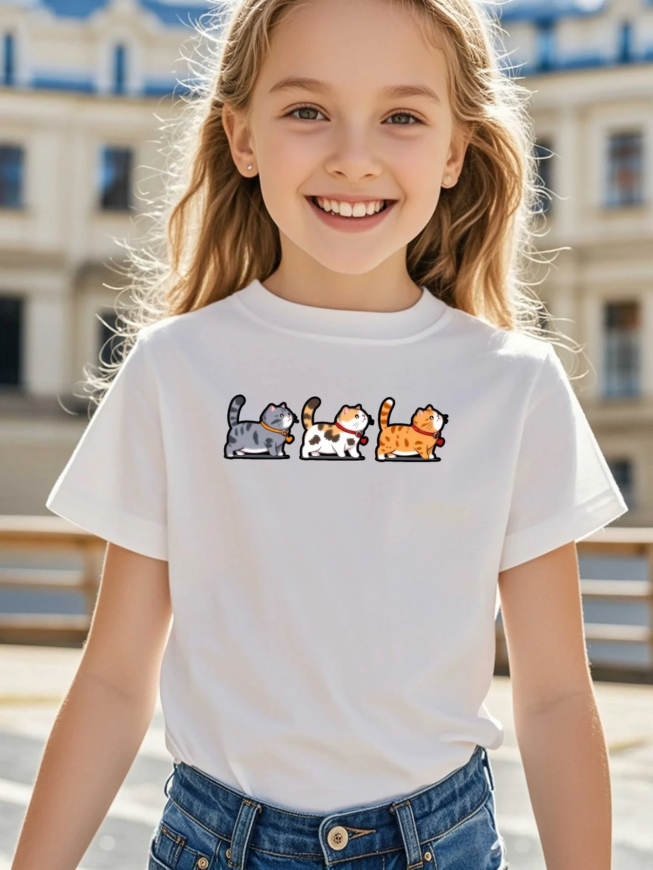 Family Matching T Shirt Kawaii Three Line Up Kitties Graphic Print Short Sleeve Cotton Tee For Boys Girls Kids Daily Casual Wear