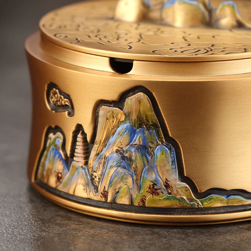 Pure Brass Hand Painted Thousand-Li Landscape Ashtray with Lid Home Decoration Ornaments Prevent Fly Ash Ashtray