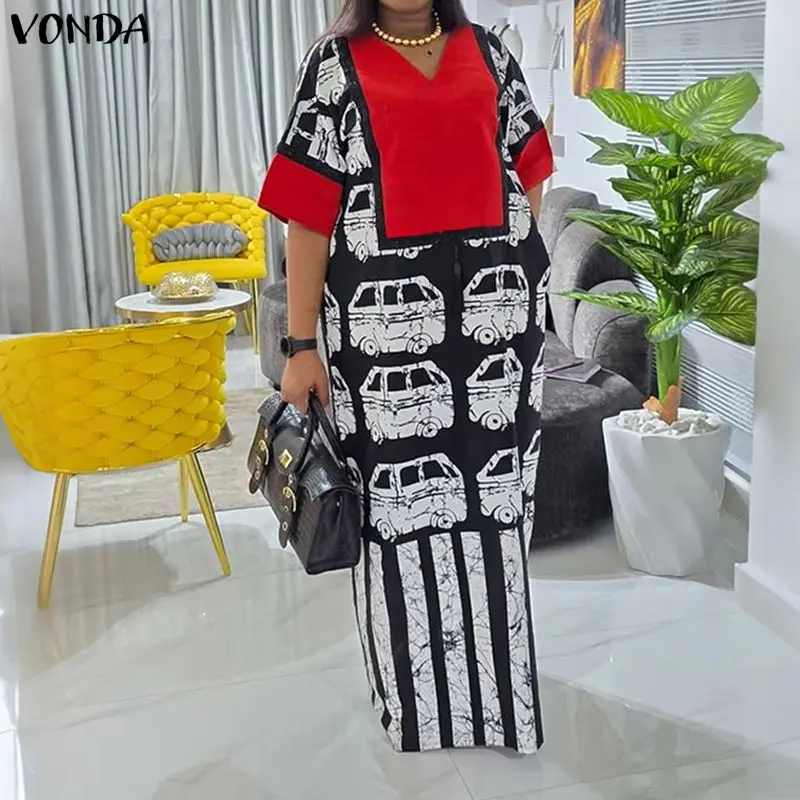 

Модное летнее женское платье VONDA больших размеров с принтом и пэчворком, женские платья для офиса и вечеринок, платье макси с коротким рукавом