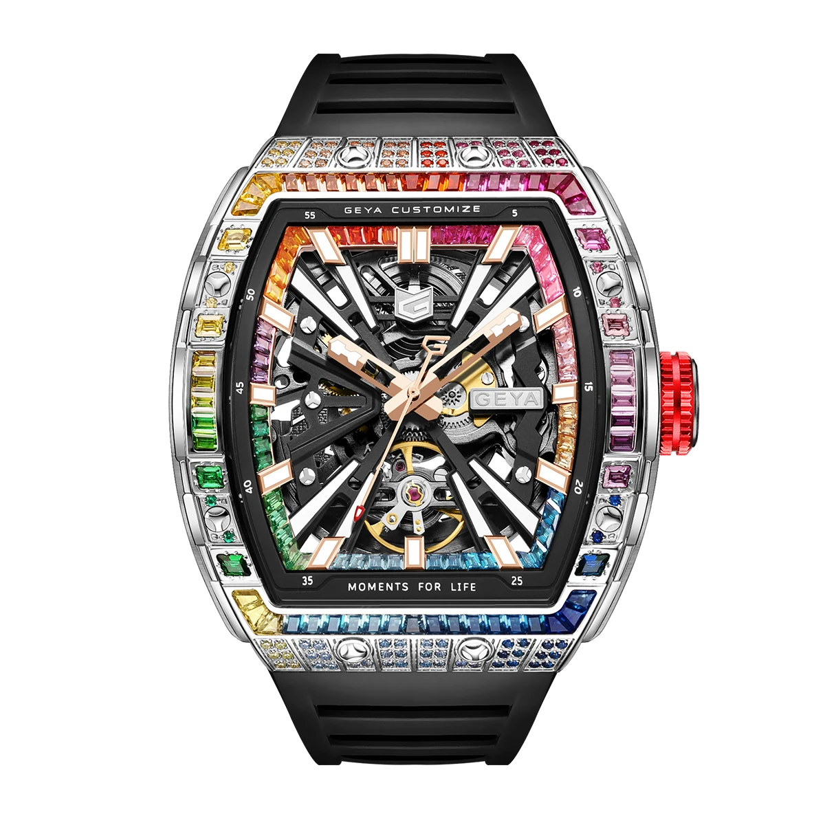 GEYA Automatic Mechanical Men’s Watch, Skeleton Dial with Multi-Color Diamonds Tonneau Stainless Steel Case Analog Watches 78139 